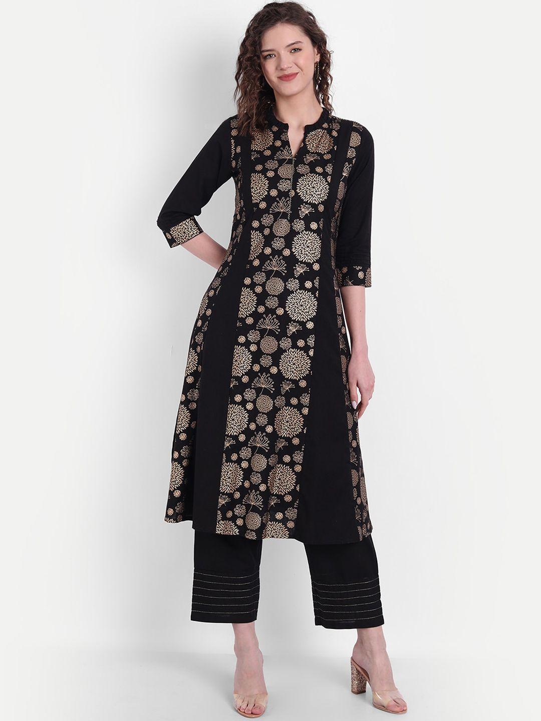 suti women black ethnic motifs printed panelled pure cotton kurta with palazzos