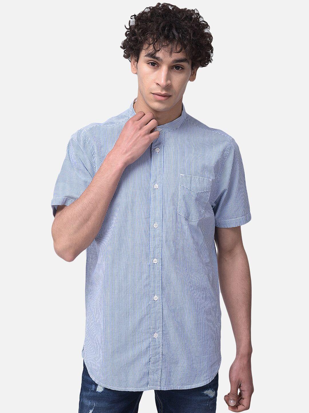 woodland men blue slim fit striped printed cotton casual shirt