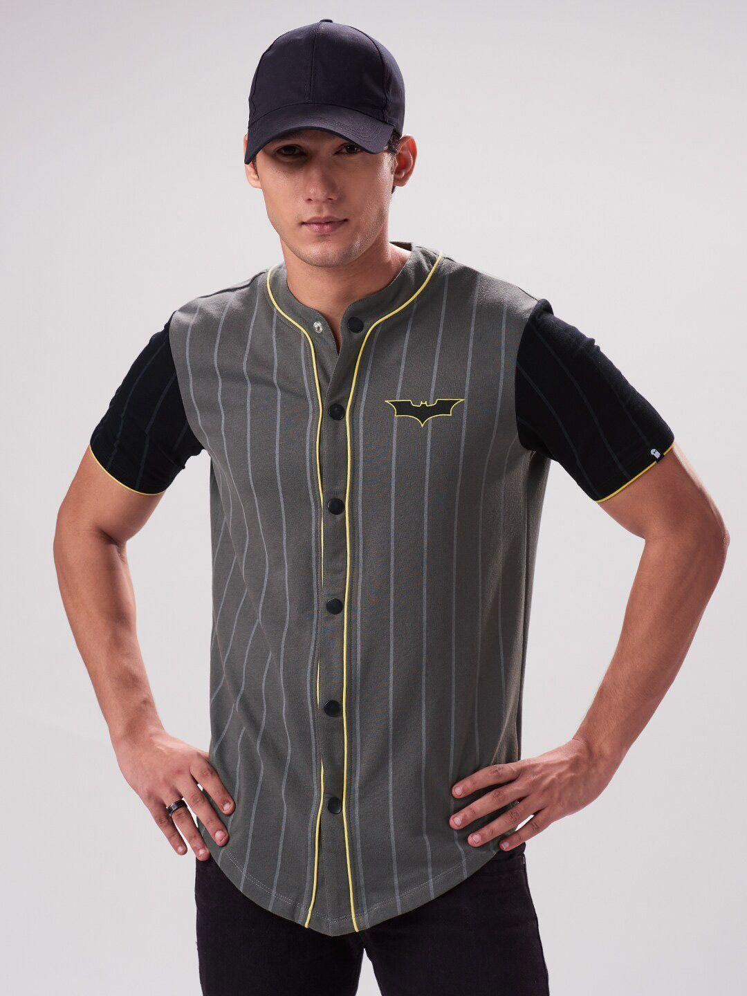 the souled store men grey comfort regular fit striped baseball shirt with batman detail