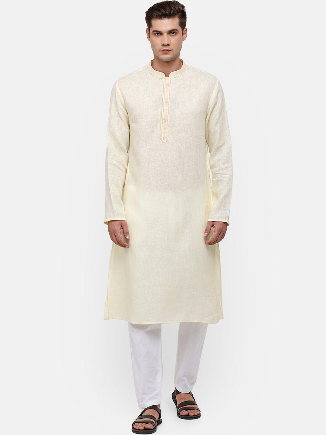 linen club men cream-coloured pure linen kurta