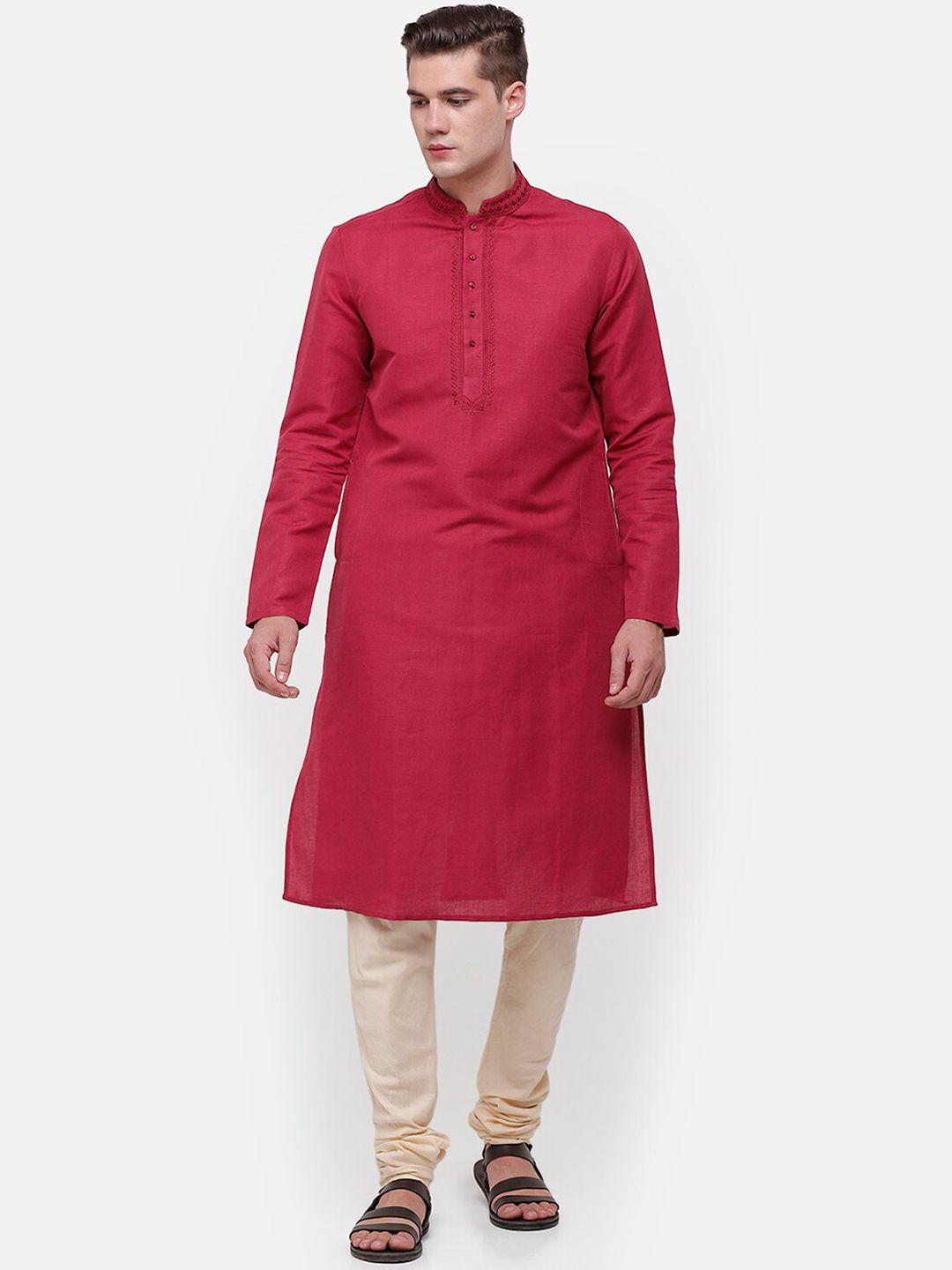 linen club men red thread work linen kurta