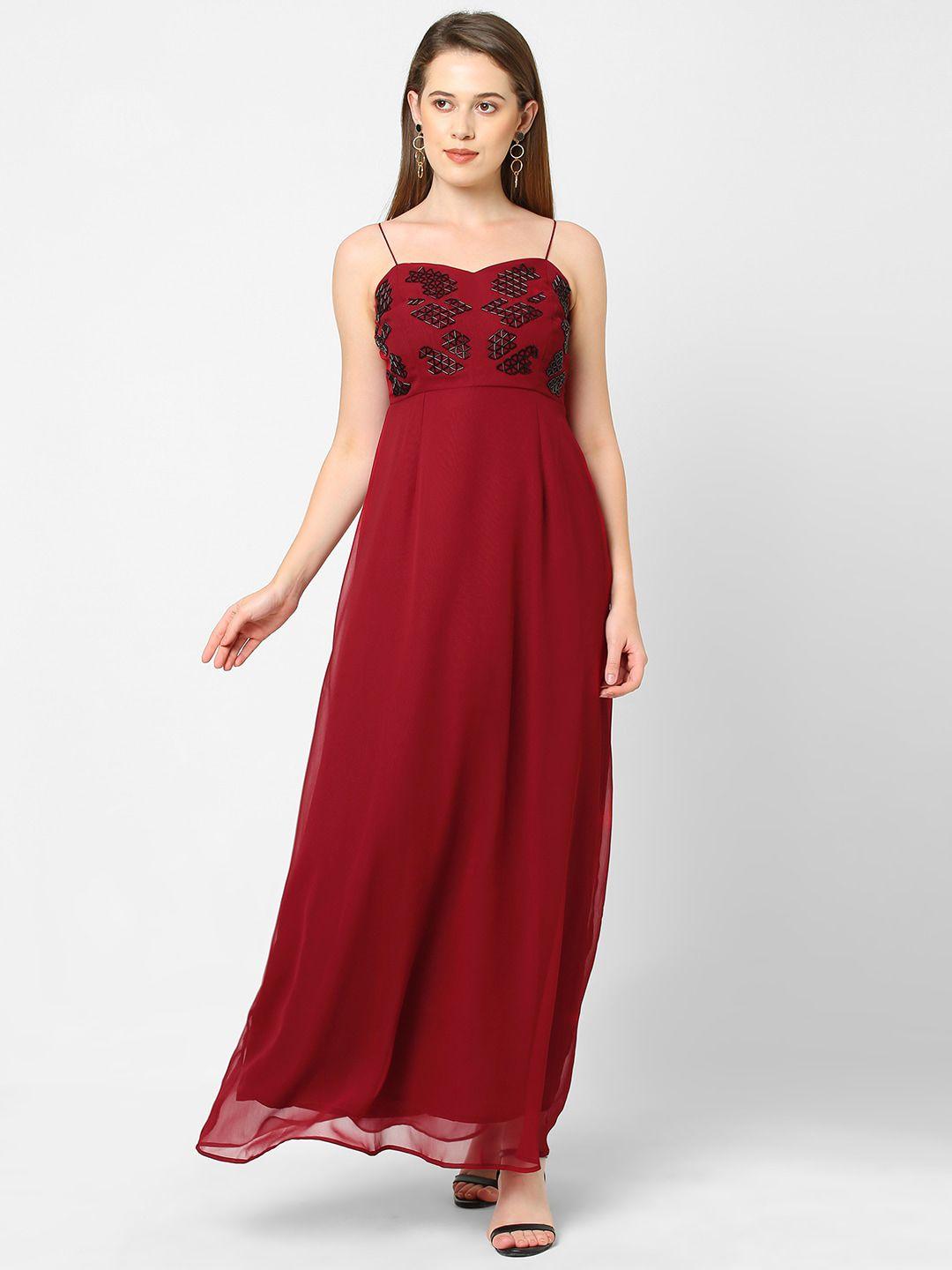 mish maroon embellished georgette maxi dress