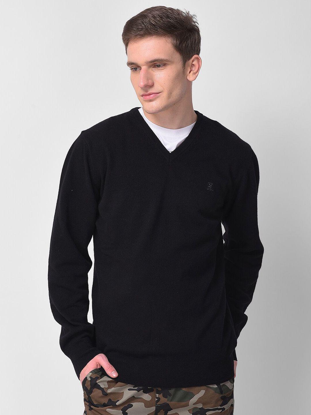 woodland men black solid woolen pullover sweater