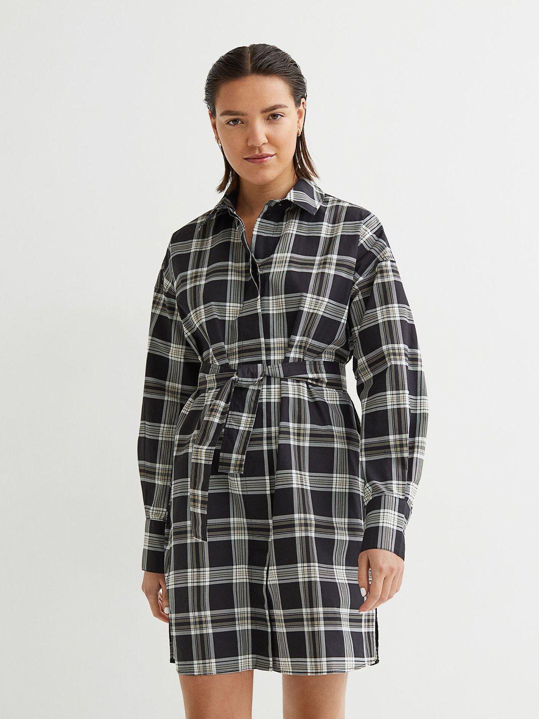 h&m women black & multicoloured checked cotton tie-belt shirt dress