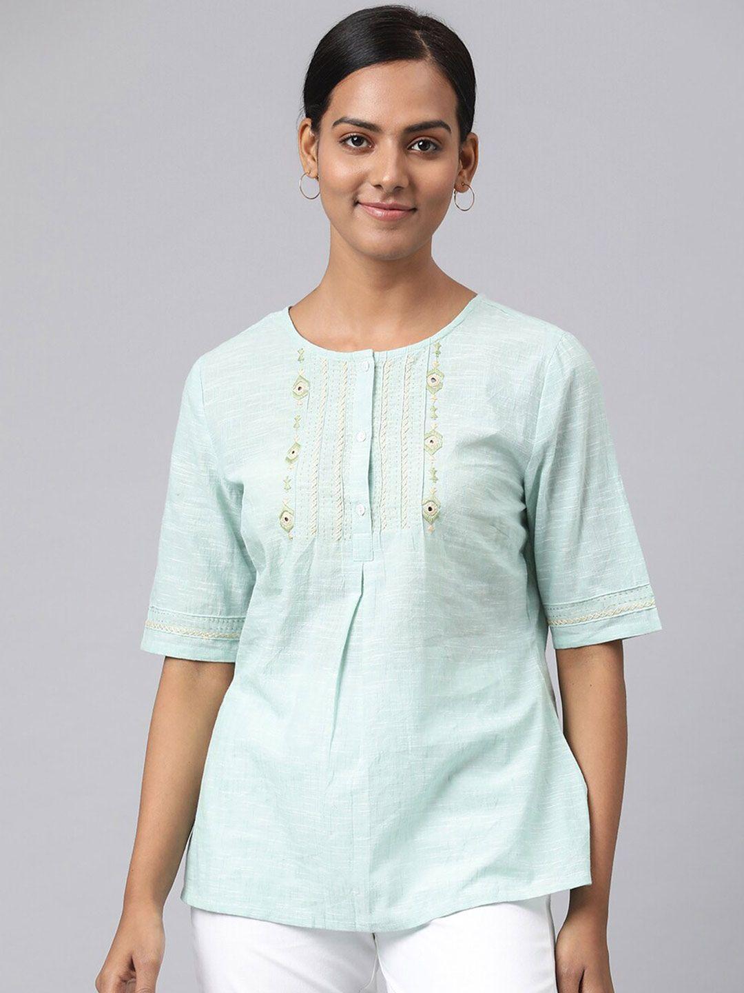 fabindia women green embroidered top