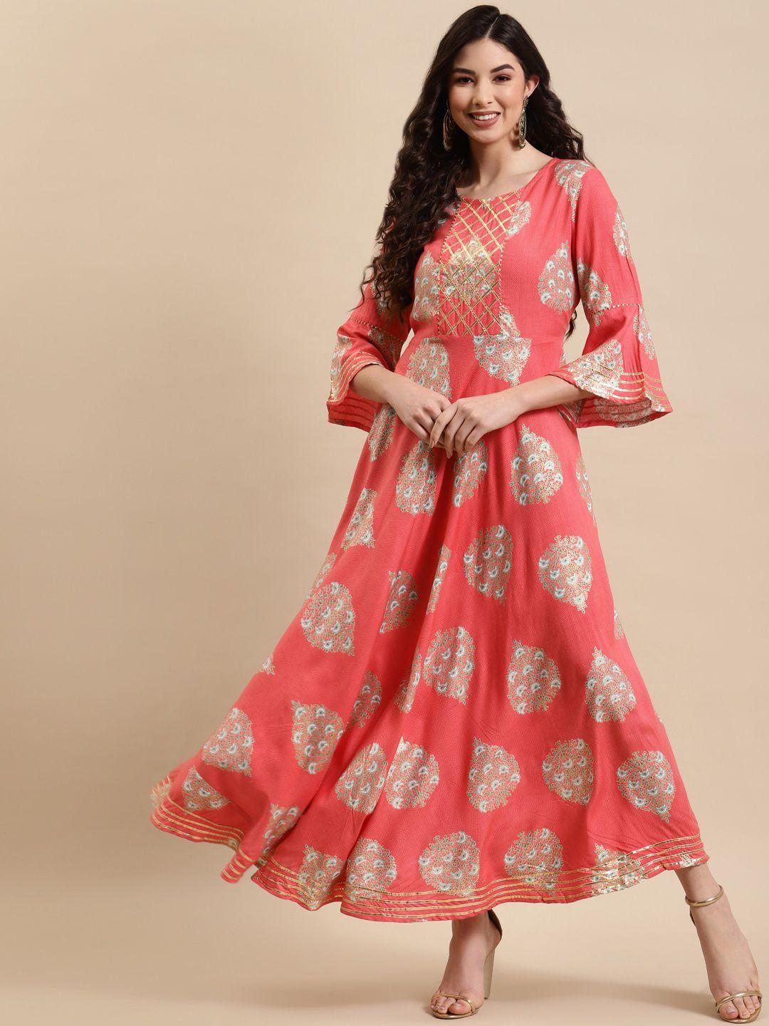 rangmayee women peach-coloured ethnic motifs printed gotta patti ethnic maxi dress