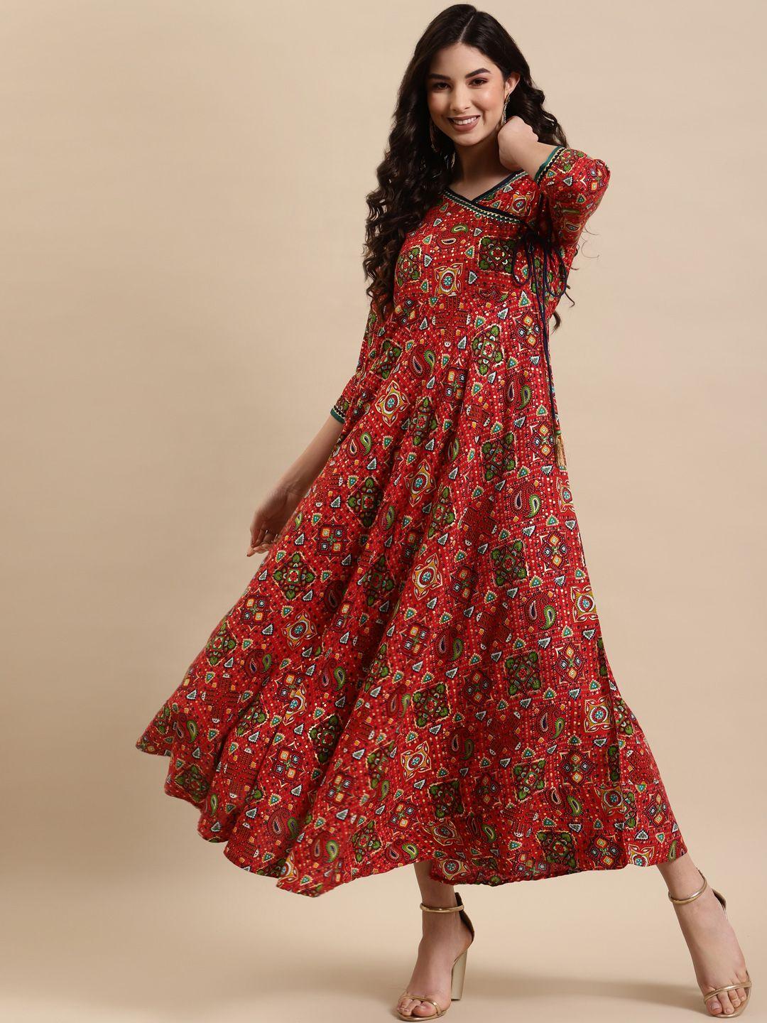 rangmayee women red & green bandhani printed liva gotta patti angrakha maxi dress