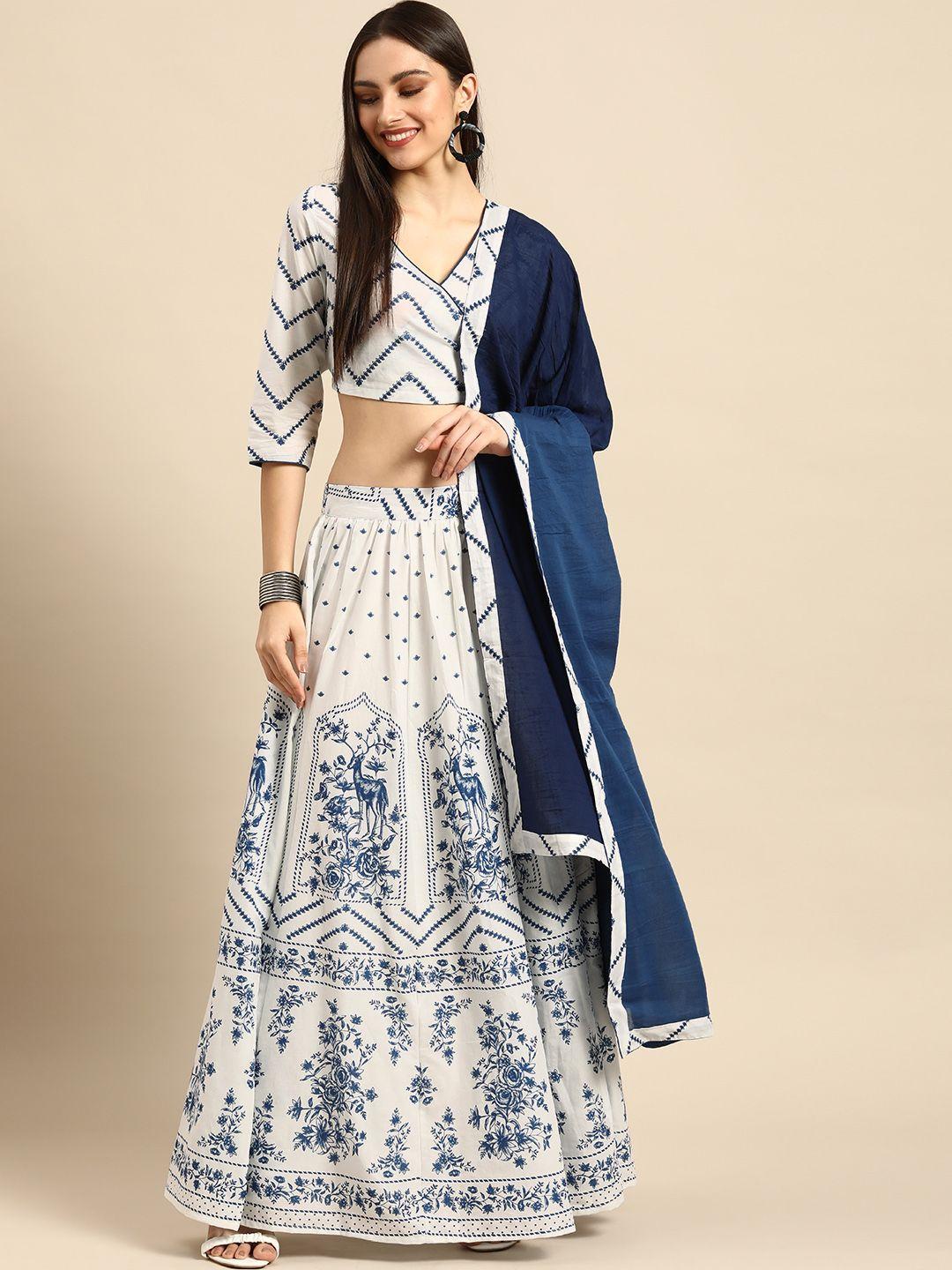 anouk women white & navy blue printed ready to wear lehenga choli