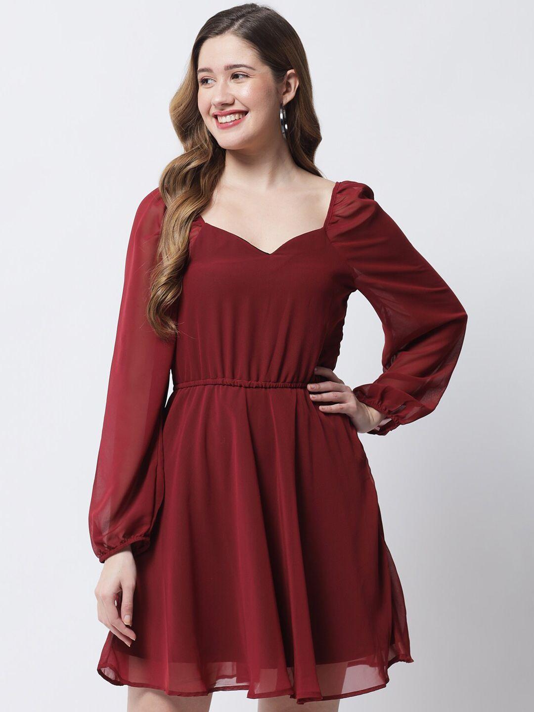 the vanca red solid sweetheart neck puff sleeves fit & flare dress