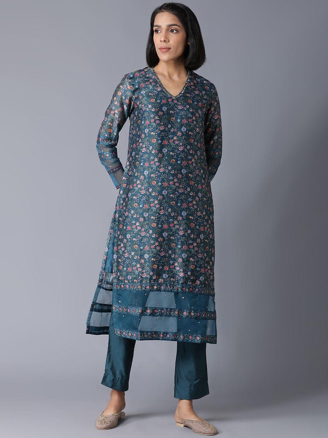 wishful women green floral printed sequinned kurta with trousers