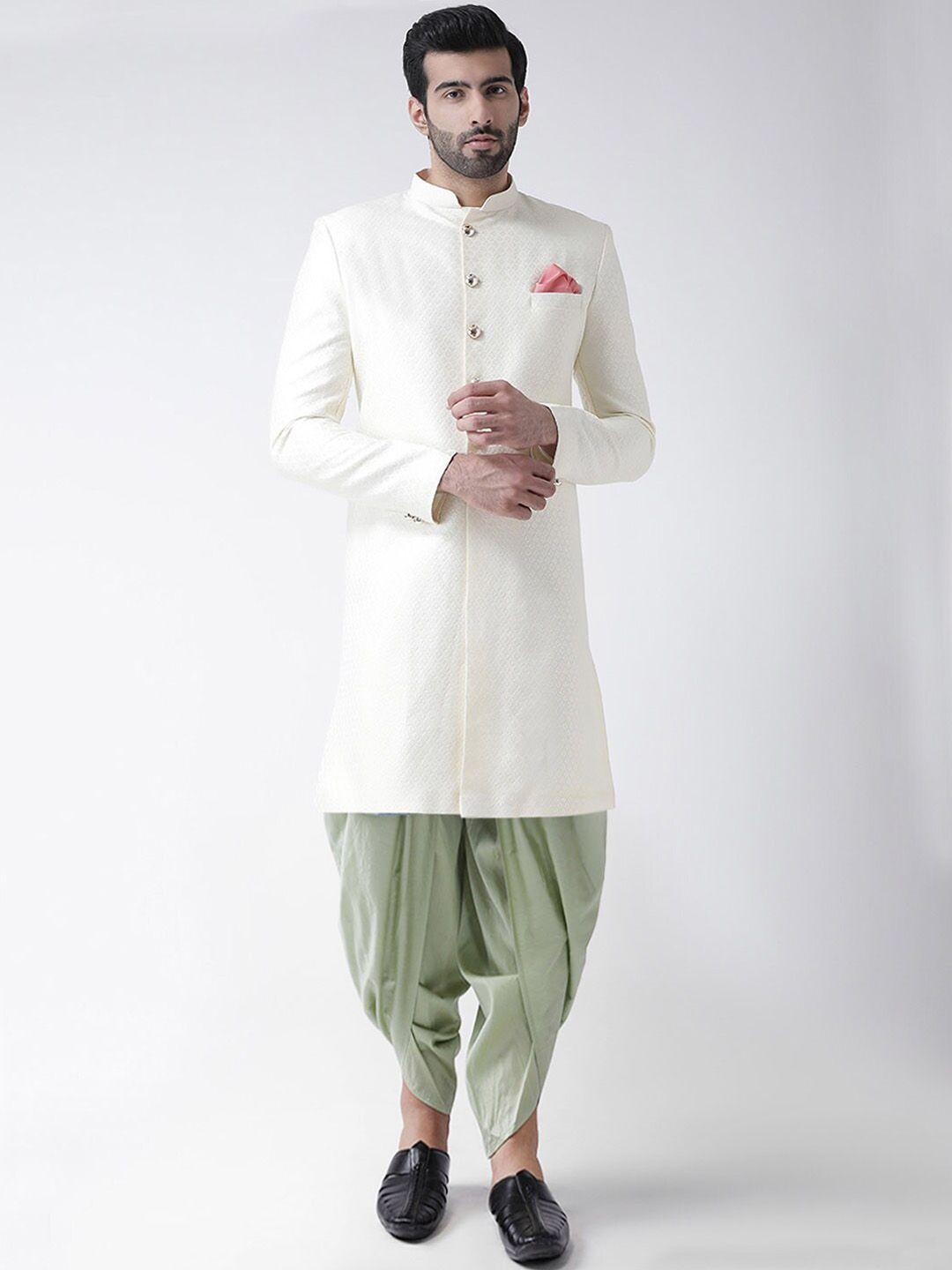 kisah men white printed cotton sherwani set