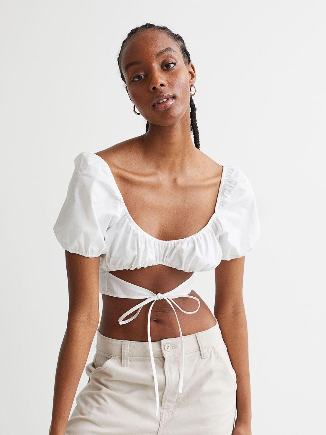 h&m women white cropped cut-out blouse