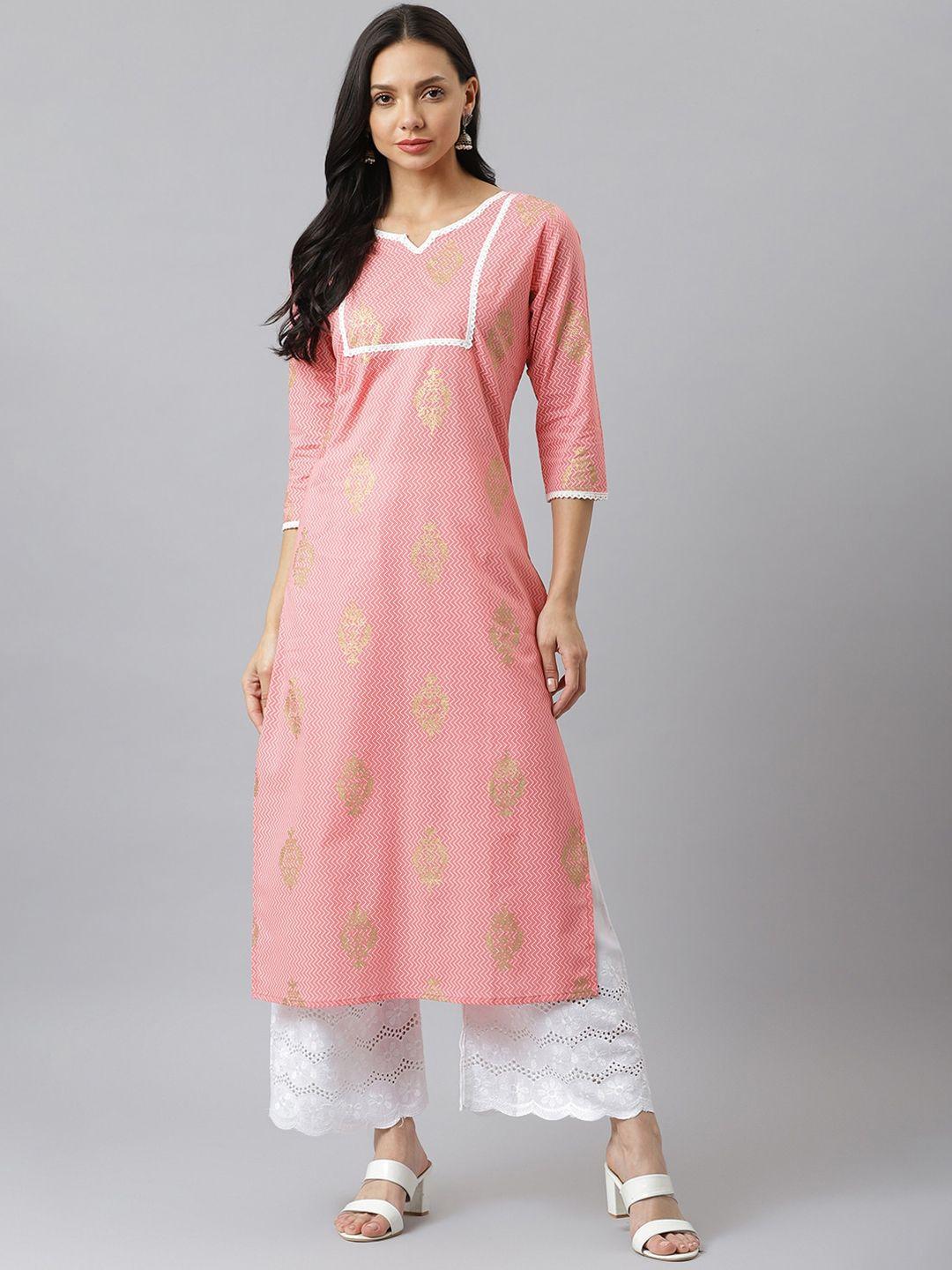 stylum women pink geometric embroidered flared sleeves thread work pastels anarkali kurta