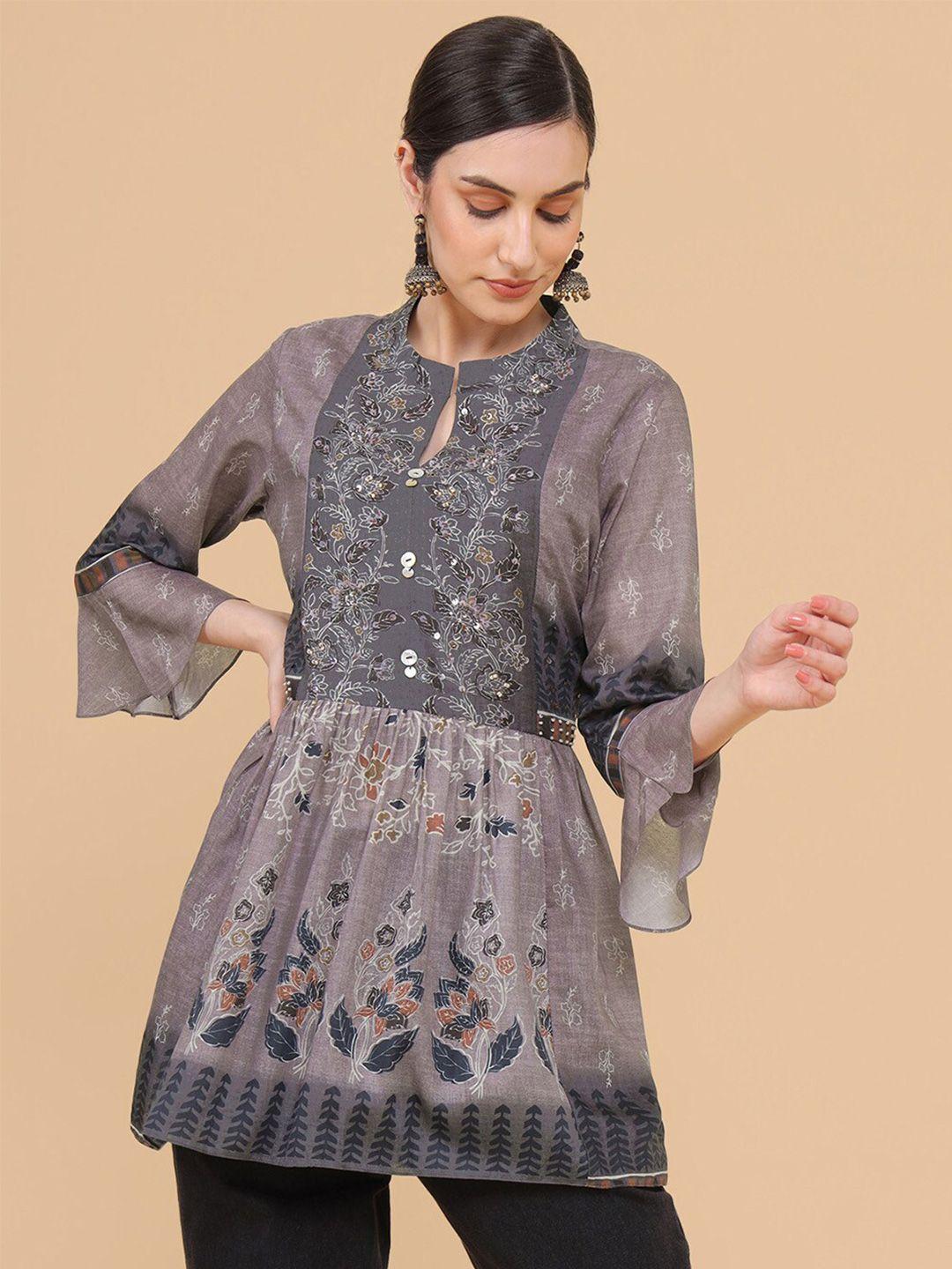 soch grey floral printed keyhole neck longline muslin tunic