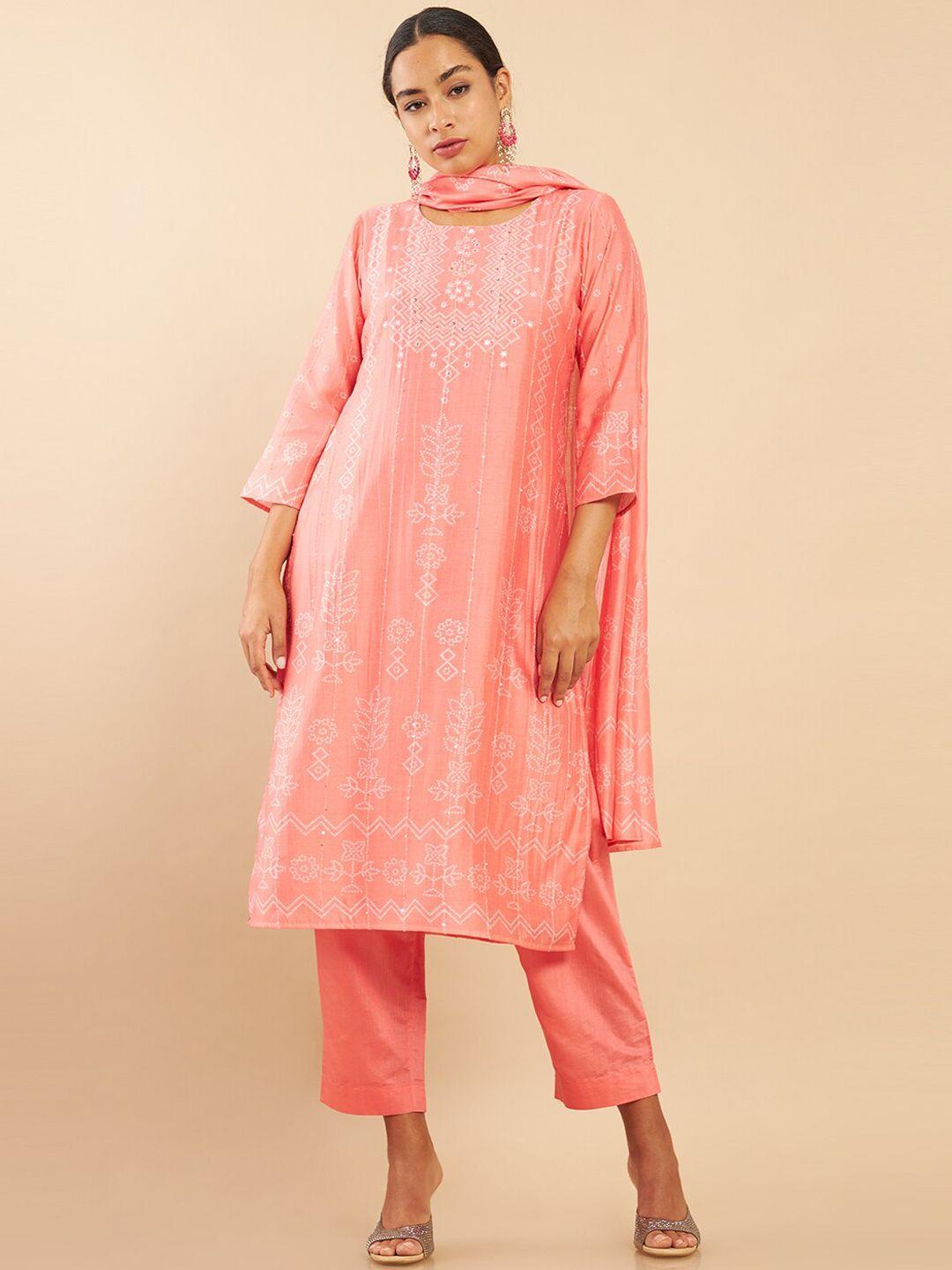 soch women pink floral embroidered layered chanderi cotton kurti with trousers & with dupatta