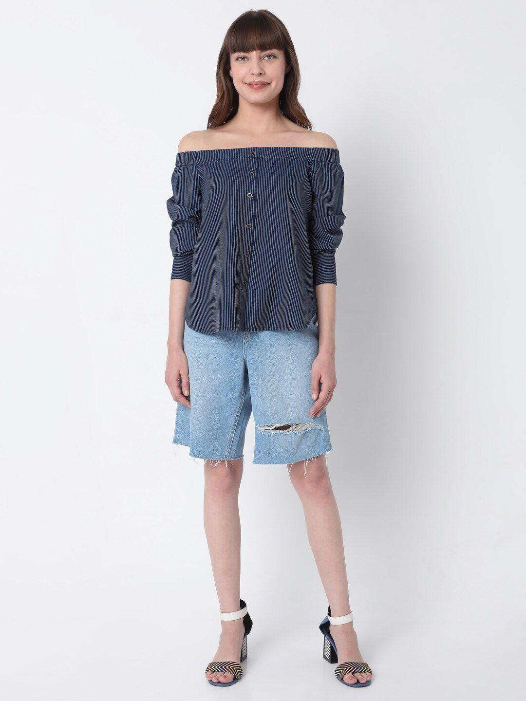 vero moda blue off-shoulder bardot crop top