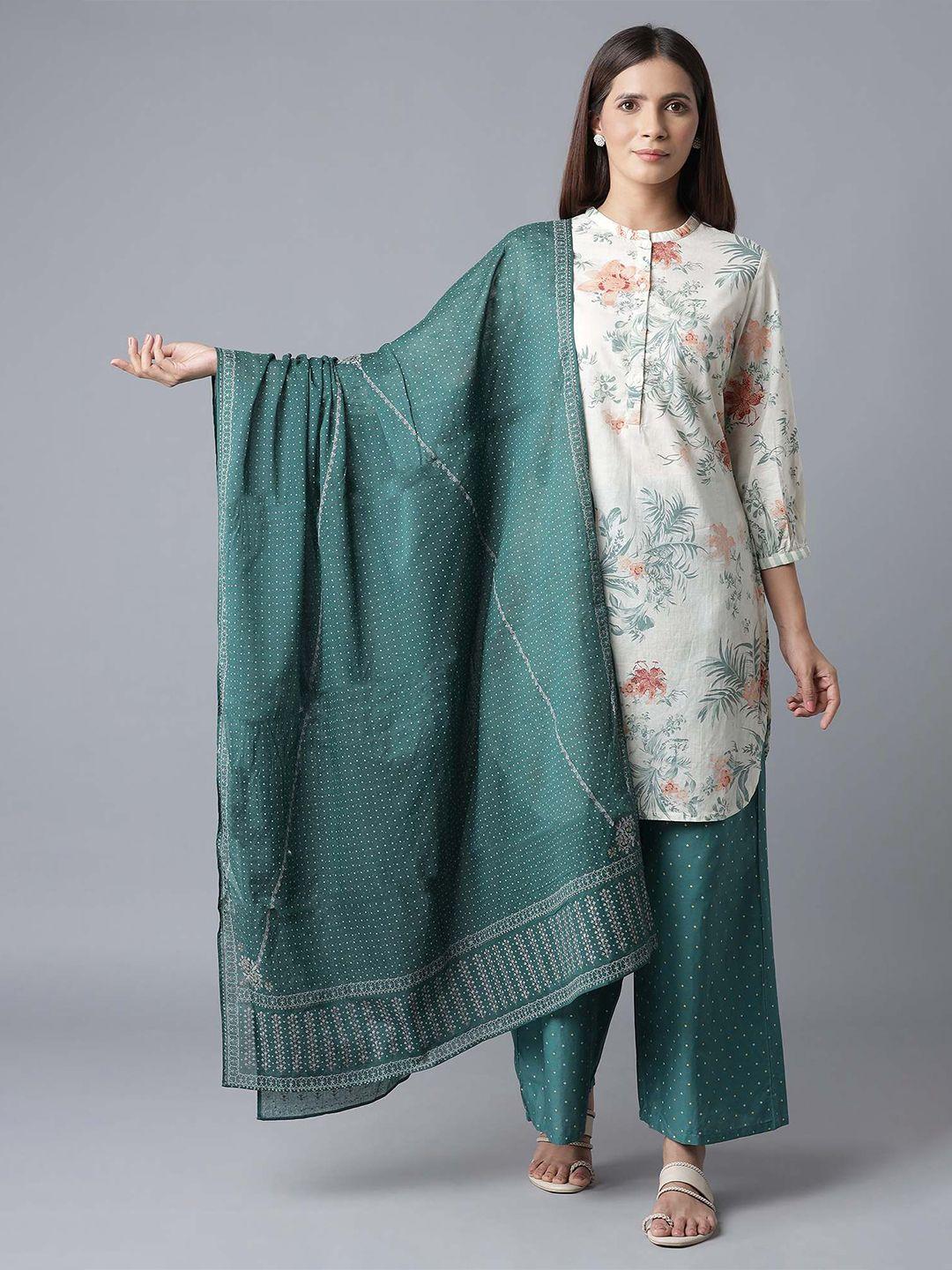 w green & white ethnic motifs printed pure cotton dupatta