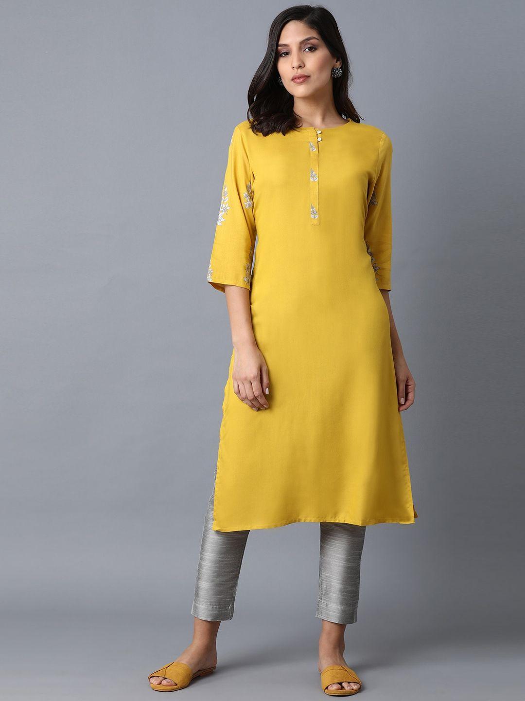 w women yellow kurta with printed yoke