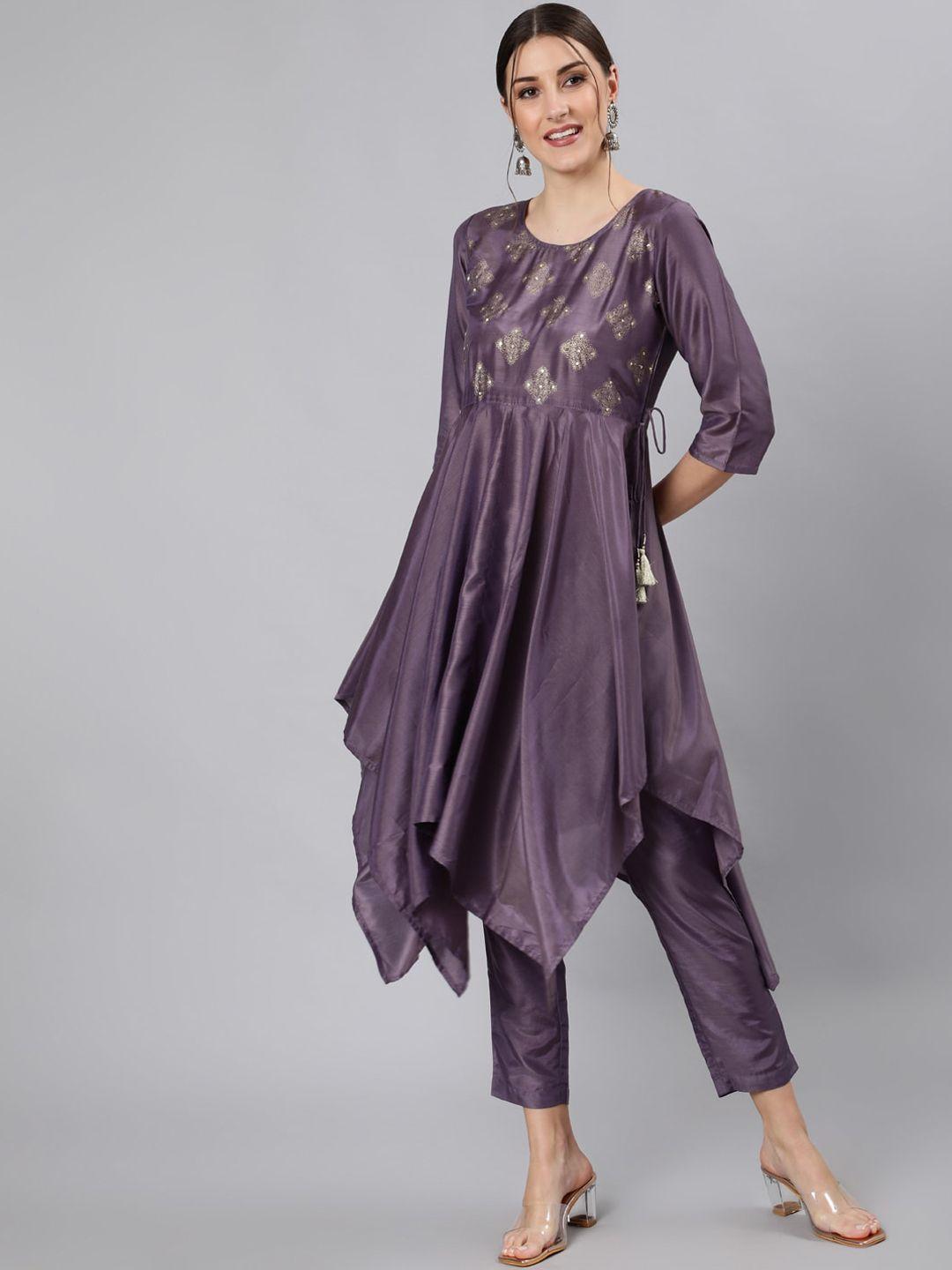 jaipur kurti women purple floral yoke design empire kurti with trousers