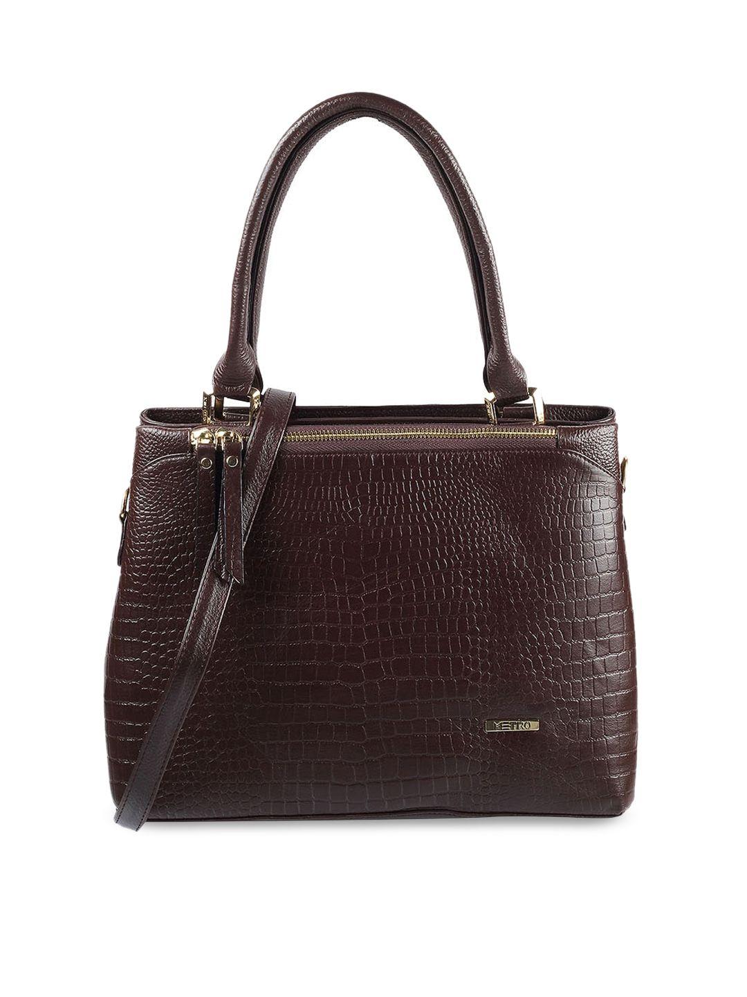 metro brown textured leather structured handheld bag