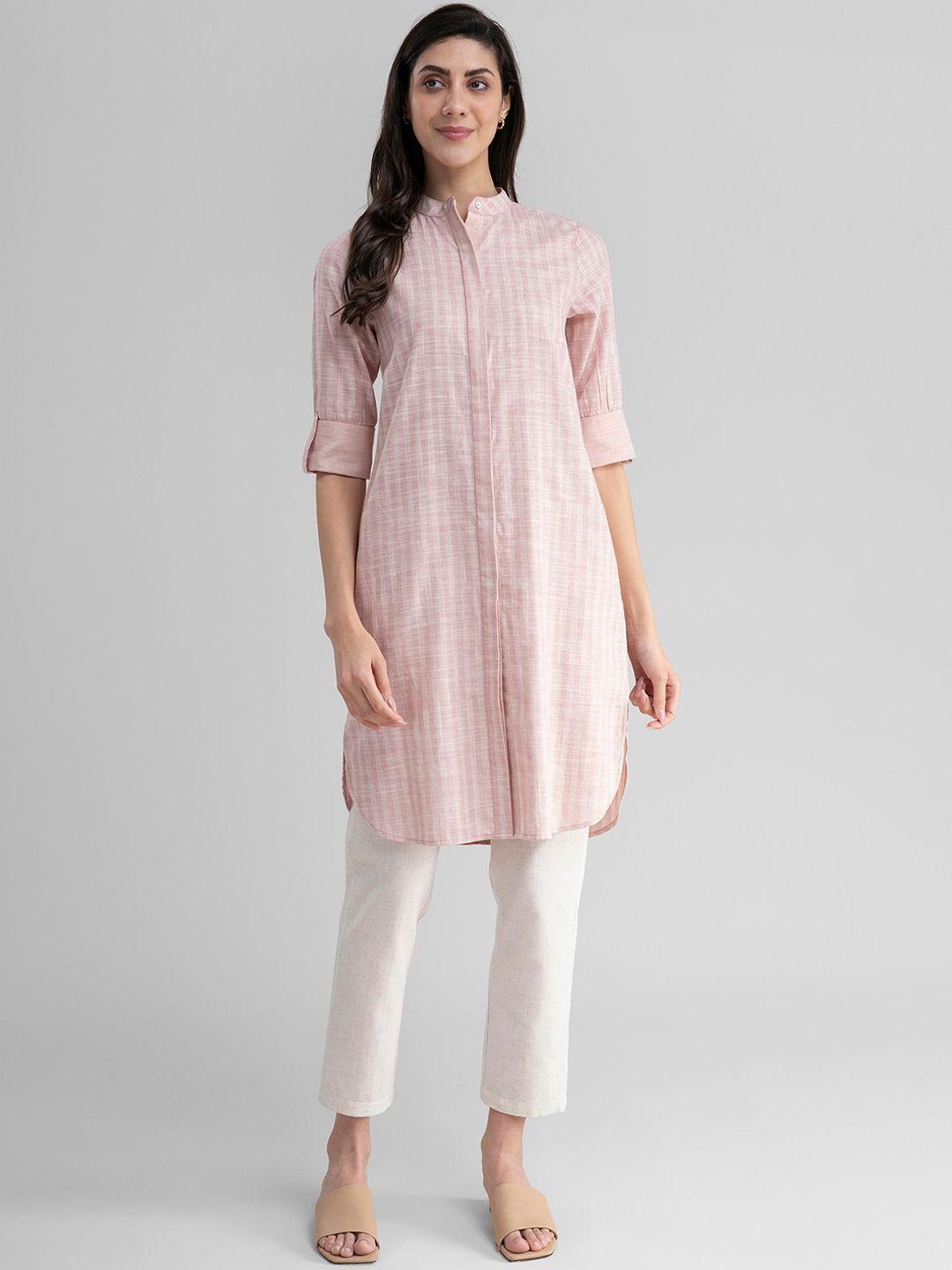 pink fort women pink striped panelled pure cotton kurti with trousers