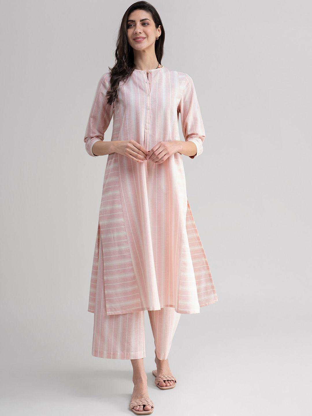 pink fort women off white striped layered pure cotton kurti with palazzos