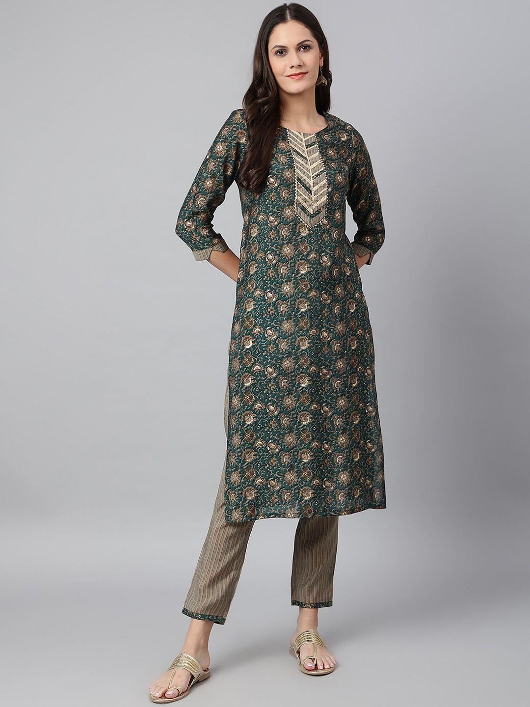 os women teal ethnic motifs printed thread work kurta with trousers