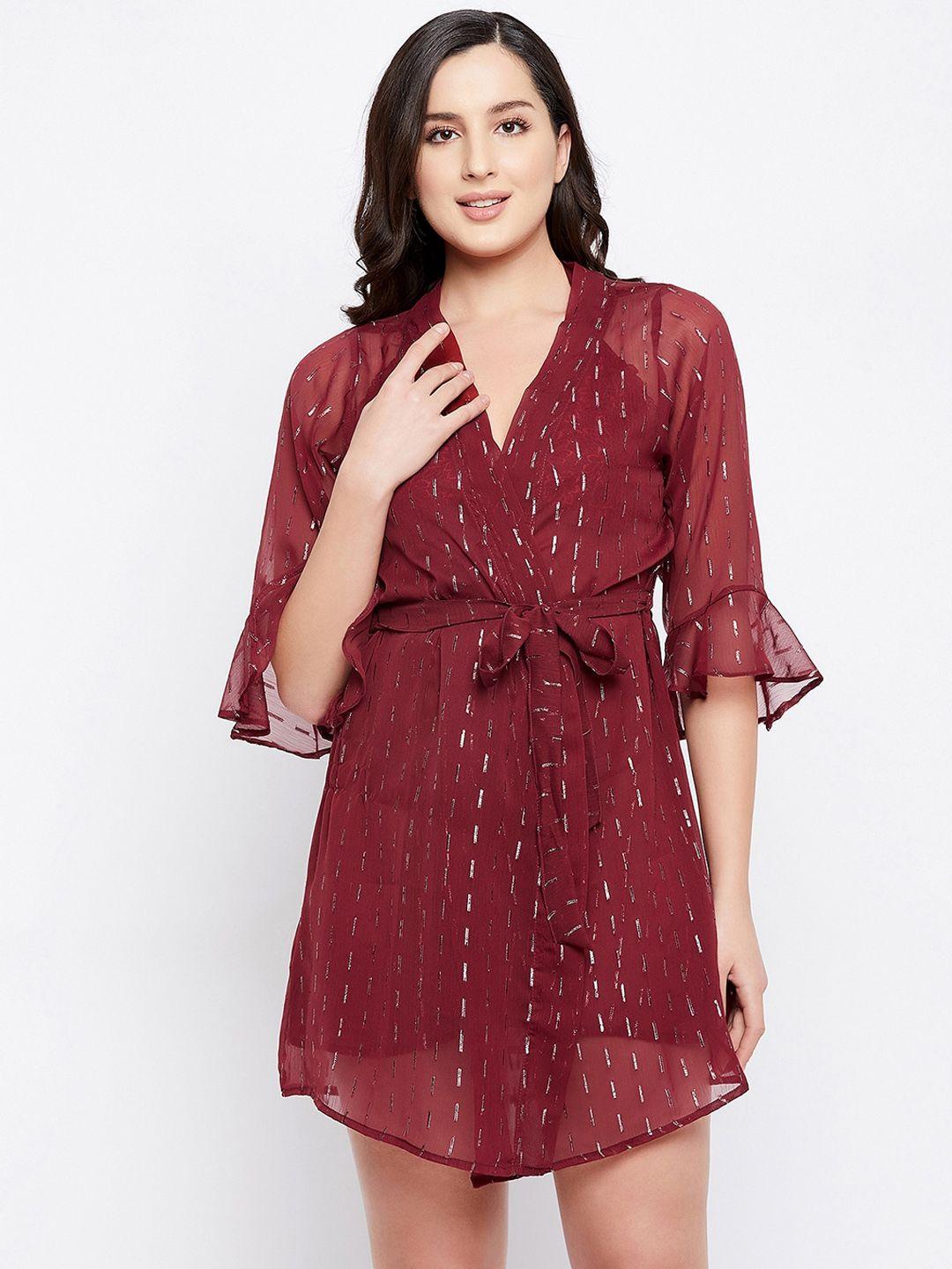 clovia women maroon printed sheer robe