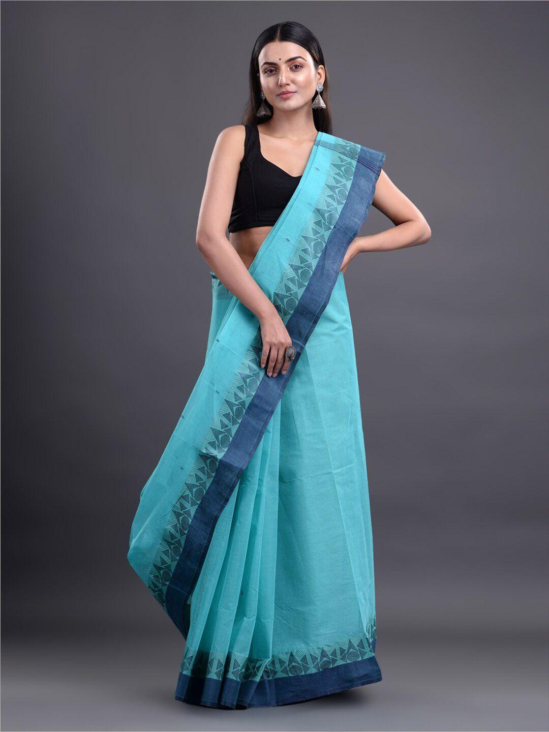 mitera turquoise blue pure cotton taant saree