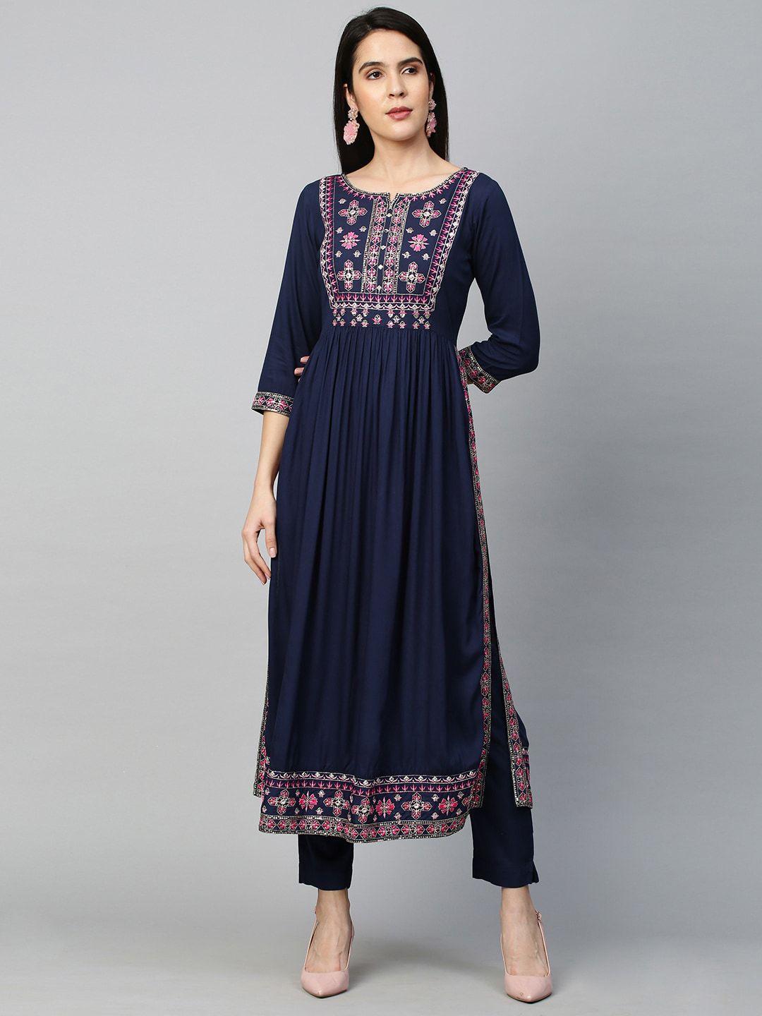 fashor women navy blue ethnic motifs striped pleated sequinned kurta with sharara