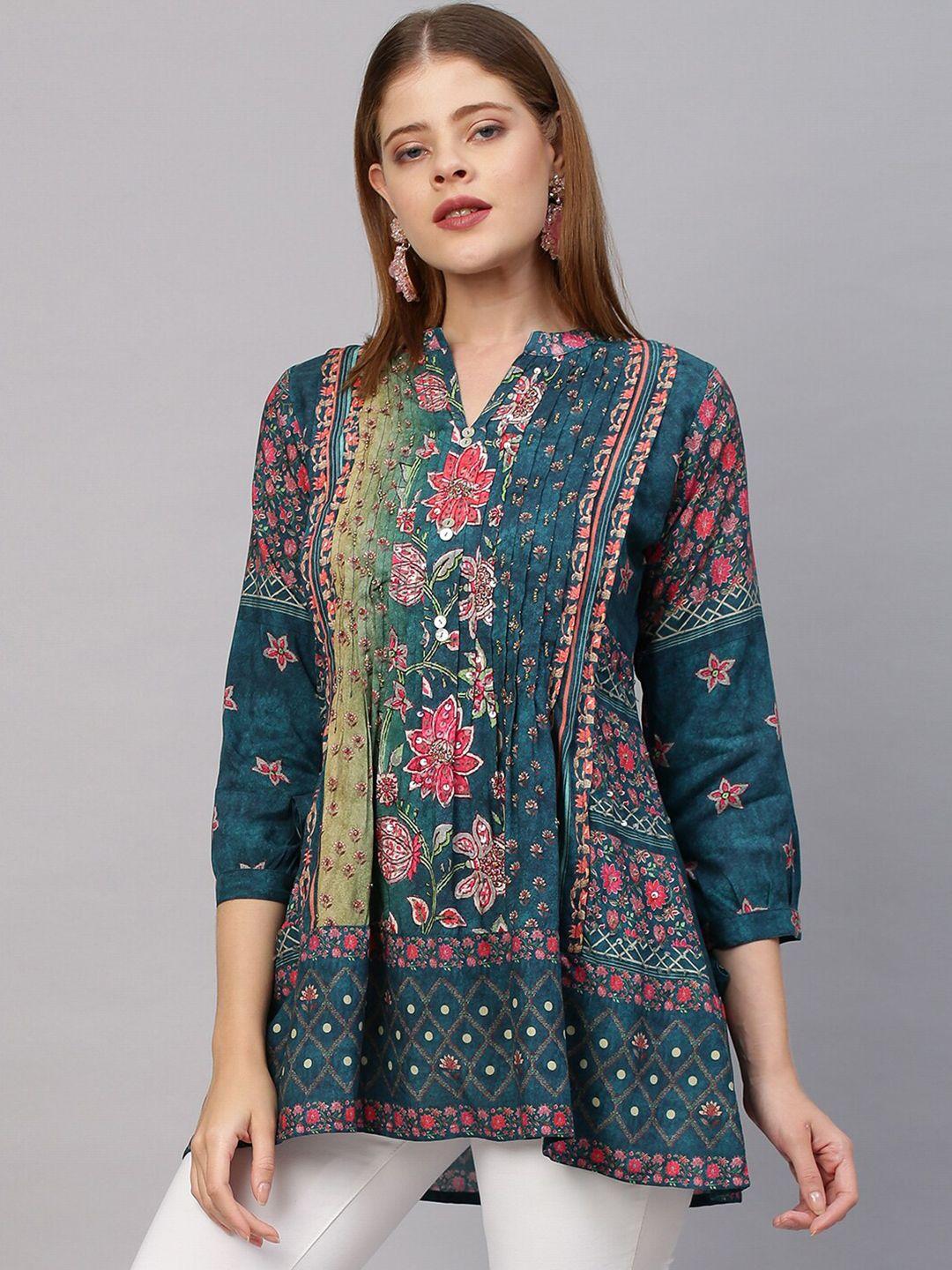 fashor teal & multicoloured floral printed sequinned pleated kurti