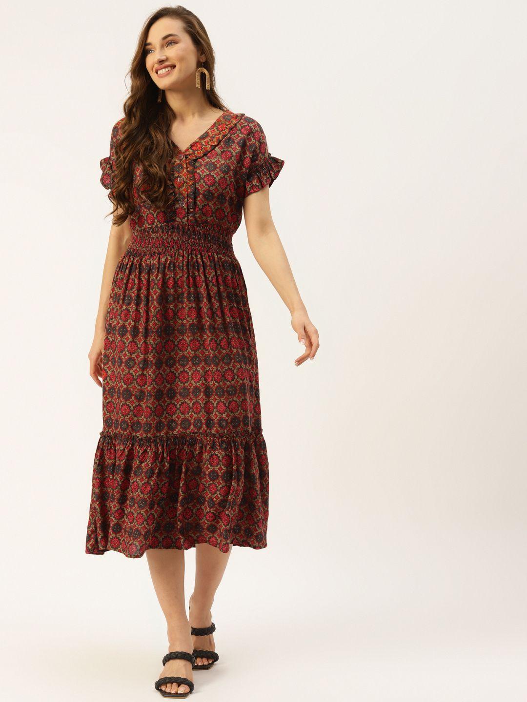 alsace lorraine paris women maroon & black ethnic motifs printed smocked a-line midi dress