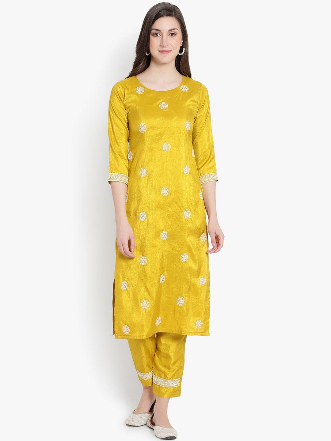 heemara women mustard yellow embroidered silk chiffon kurta with trousers & dupatta