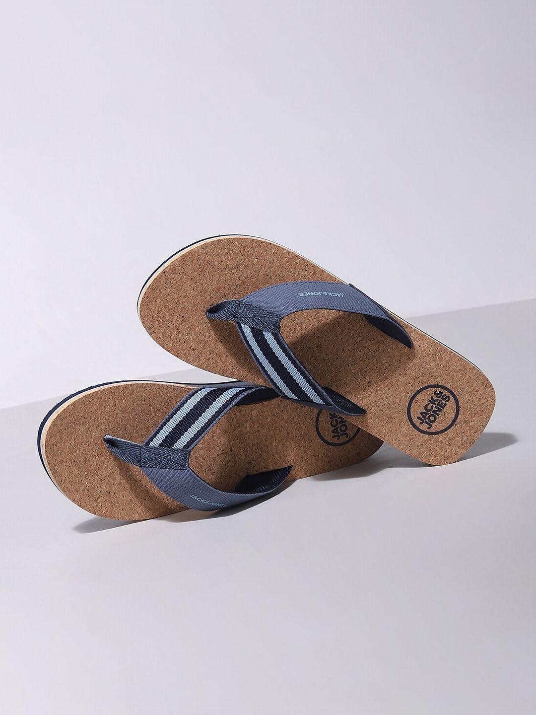 jack & jones men blue & brown solid thong flip-flops