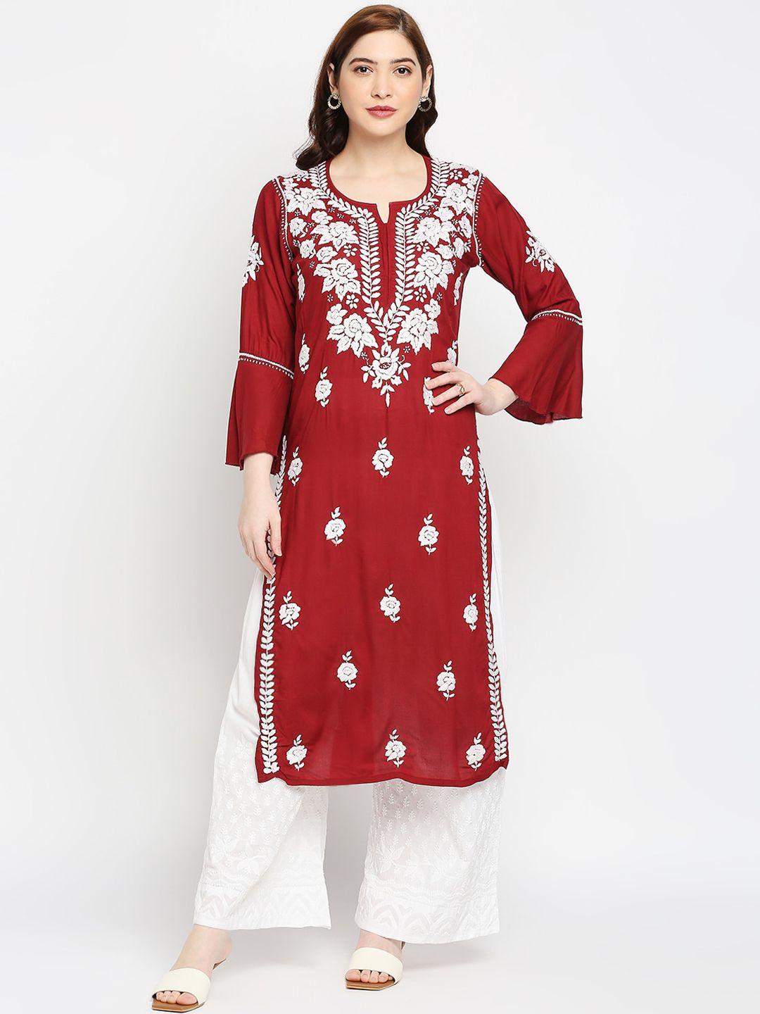 indiankala4u women maroon lucknow chikankari hand embroidered kurta