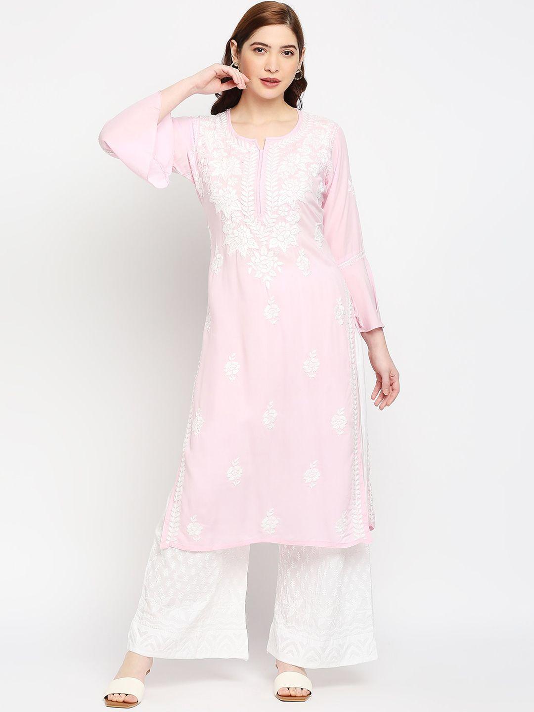 indiankala4u women pink ethnic motifs embroidered flared sleeves chikankari kurta