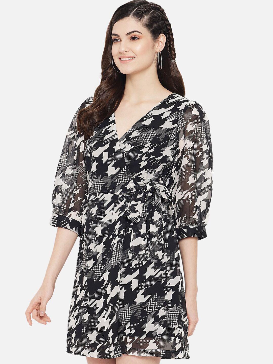 yaadleen women black printed wrap dress