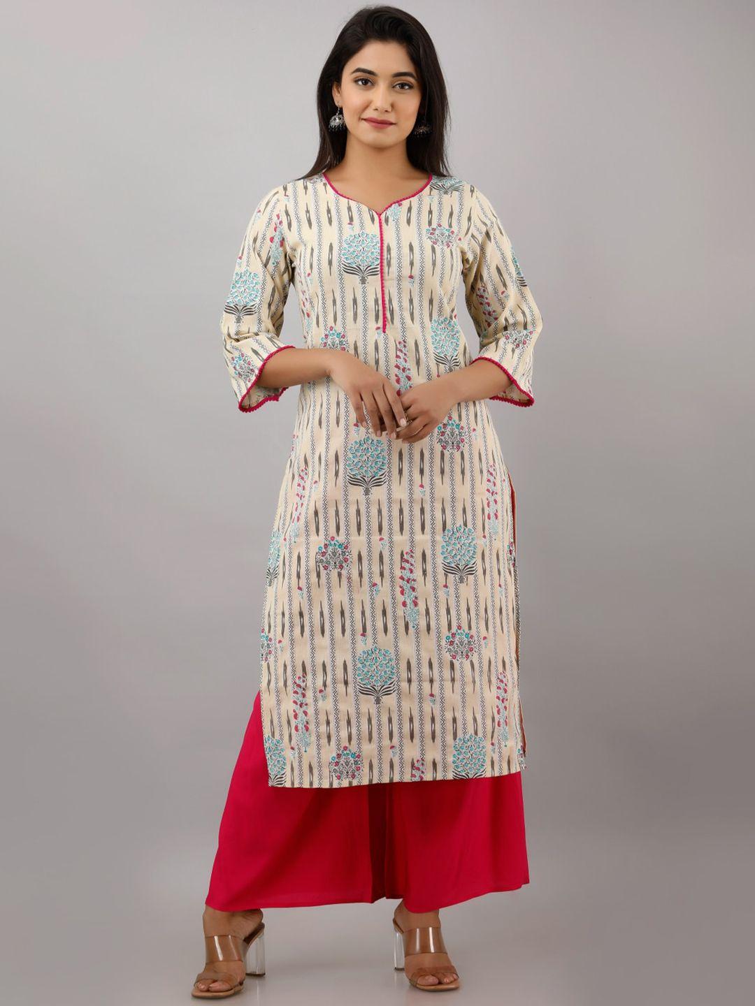 kalini women beige & blue ikat printed cotton straight kurta