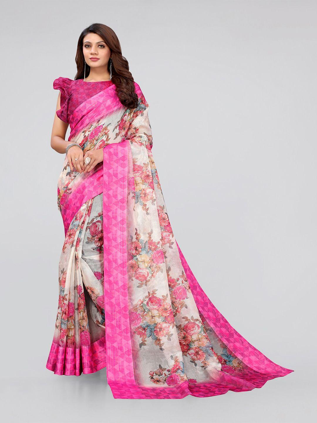 mirchi fashion off white & pink floral bagh saree