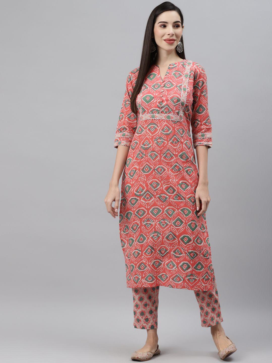 indibelle women pink & green ethnic motifs printed kurta