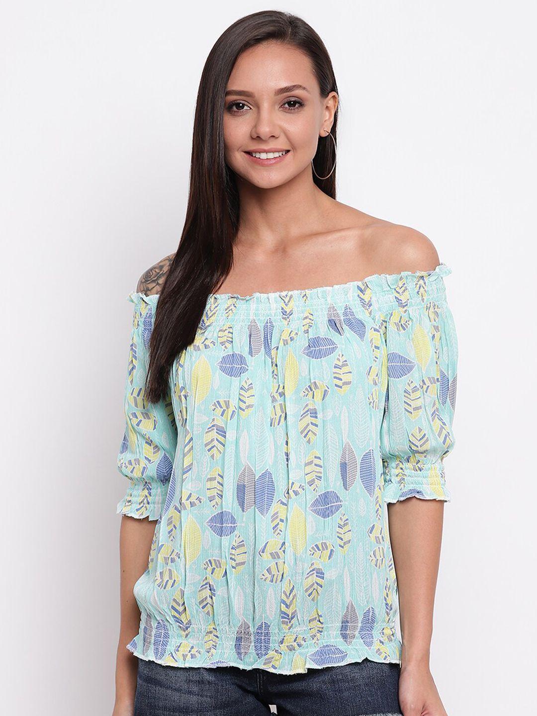 mayra blue floral print off-shoulder bardot top