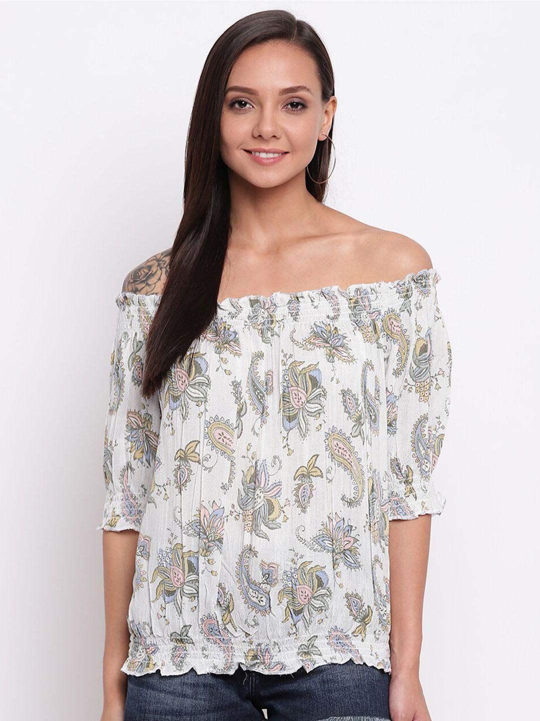 mayra white & green floral print off-shoulder bardot top