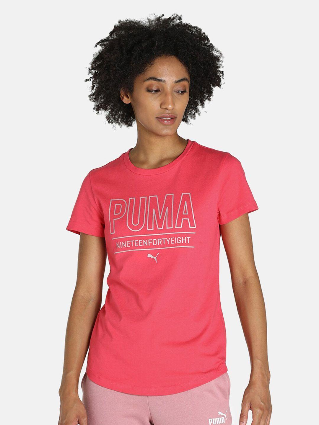 puma women pink brand logo printed cotton training or gym t-shirt