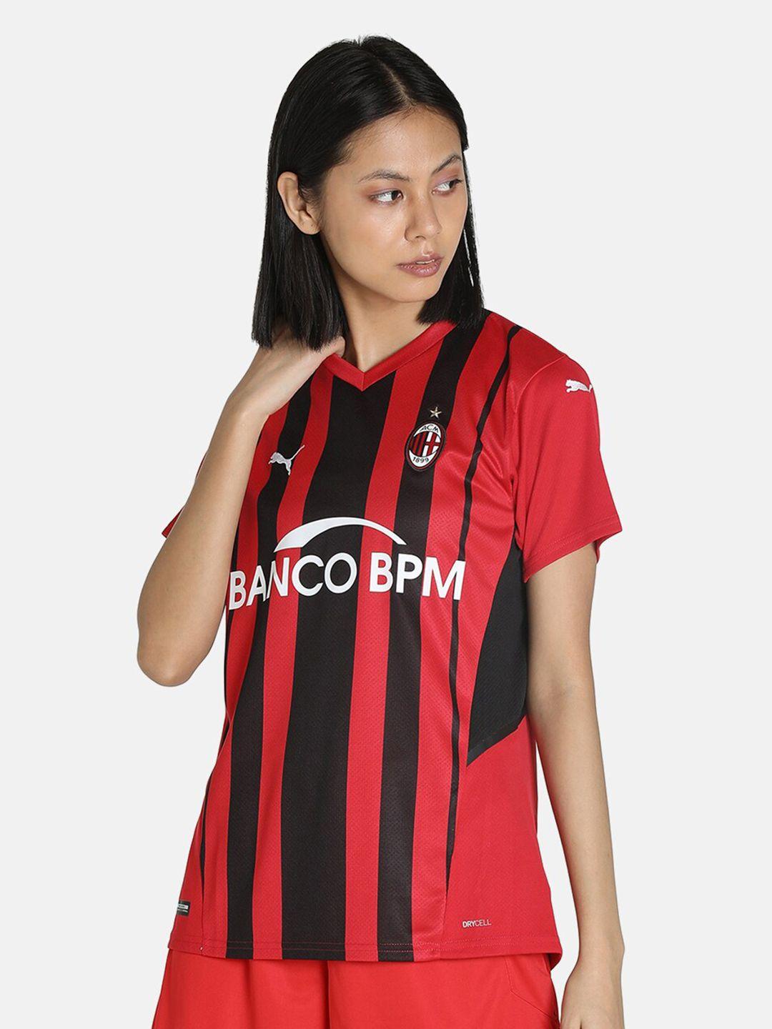 puma women red & black a c milan striped v-neck regular fit t-shirt