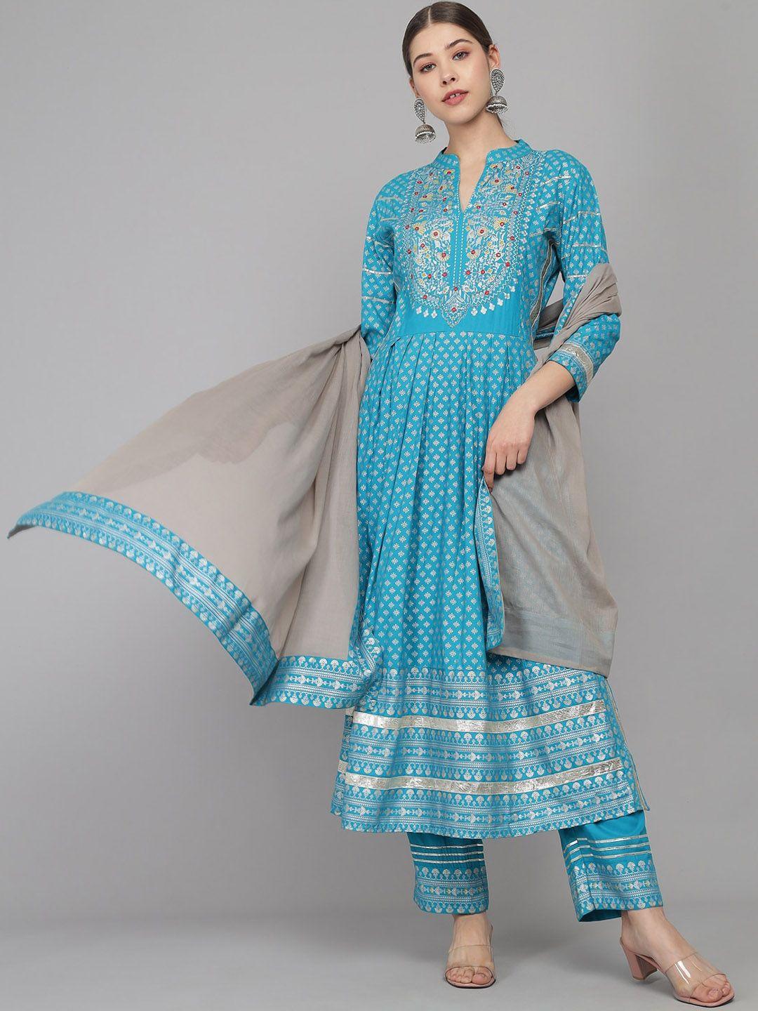 prakhya women blue ethnic motifs yoke design tiered kurta with trousers & with dupatta