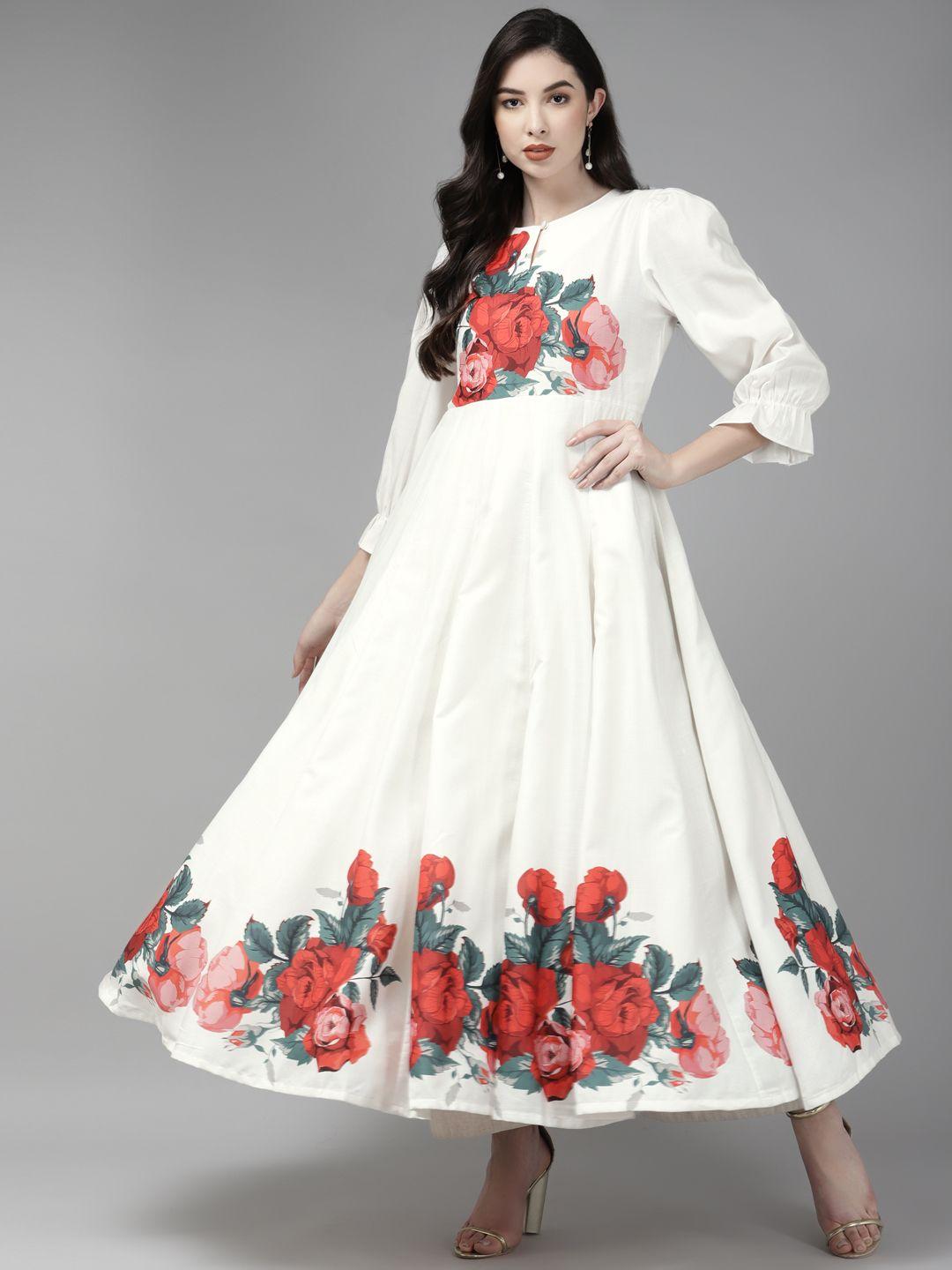 bhama couture women white & red floral printed floral anarkali kurta