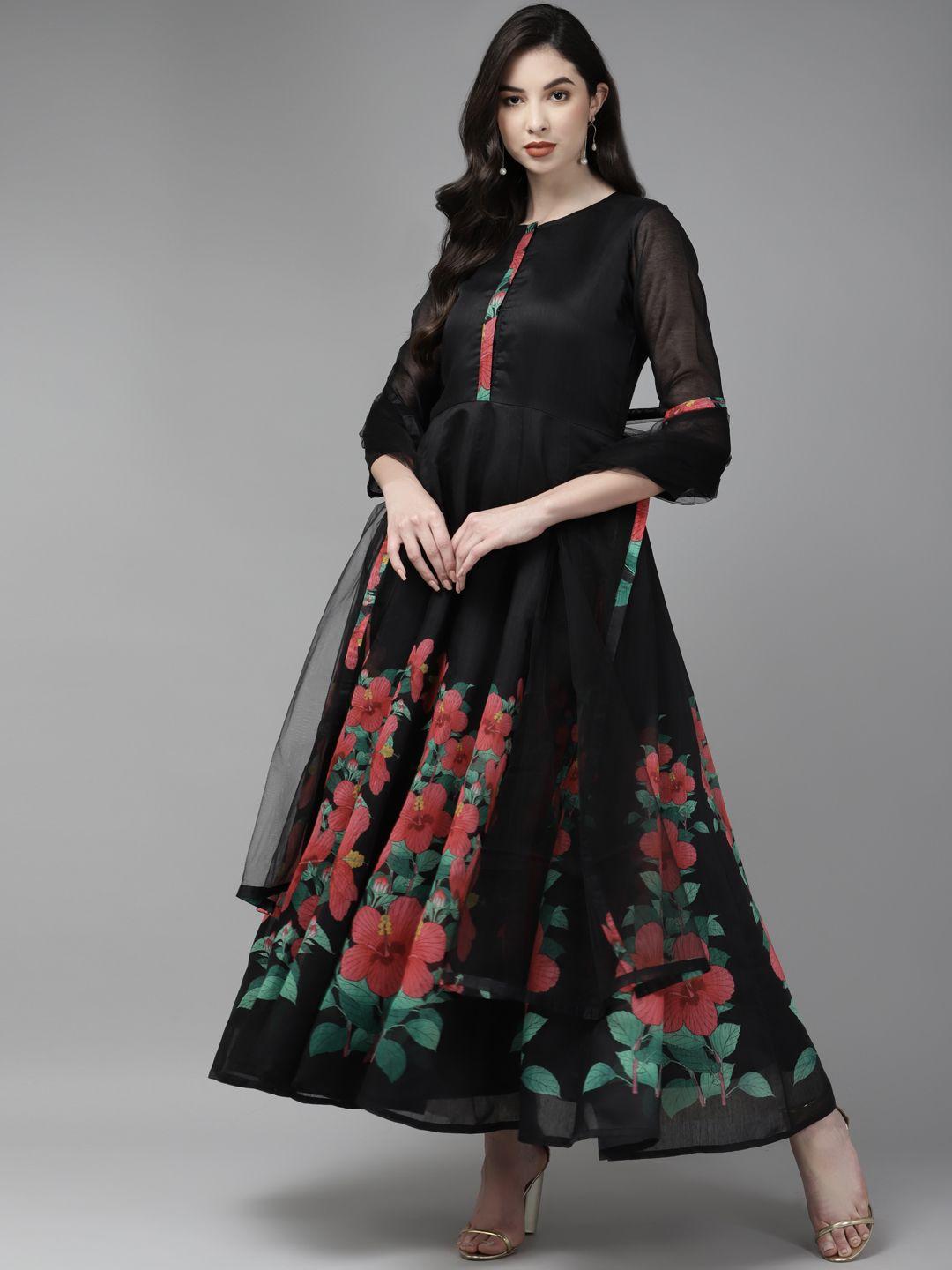 bhama couture women black & pink floral printed chanderi silk anarkali kurta with dupatta