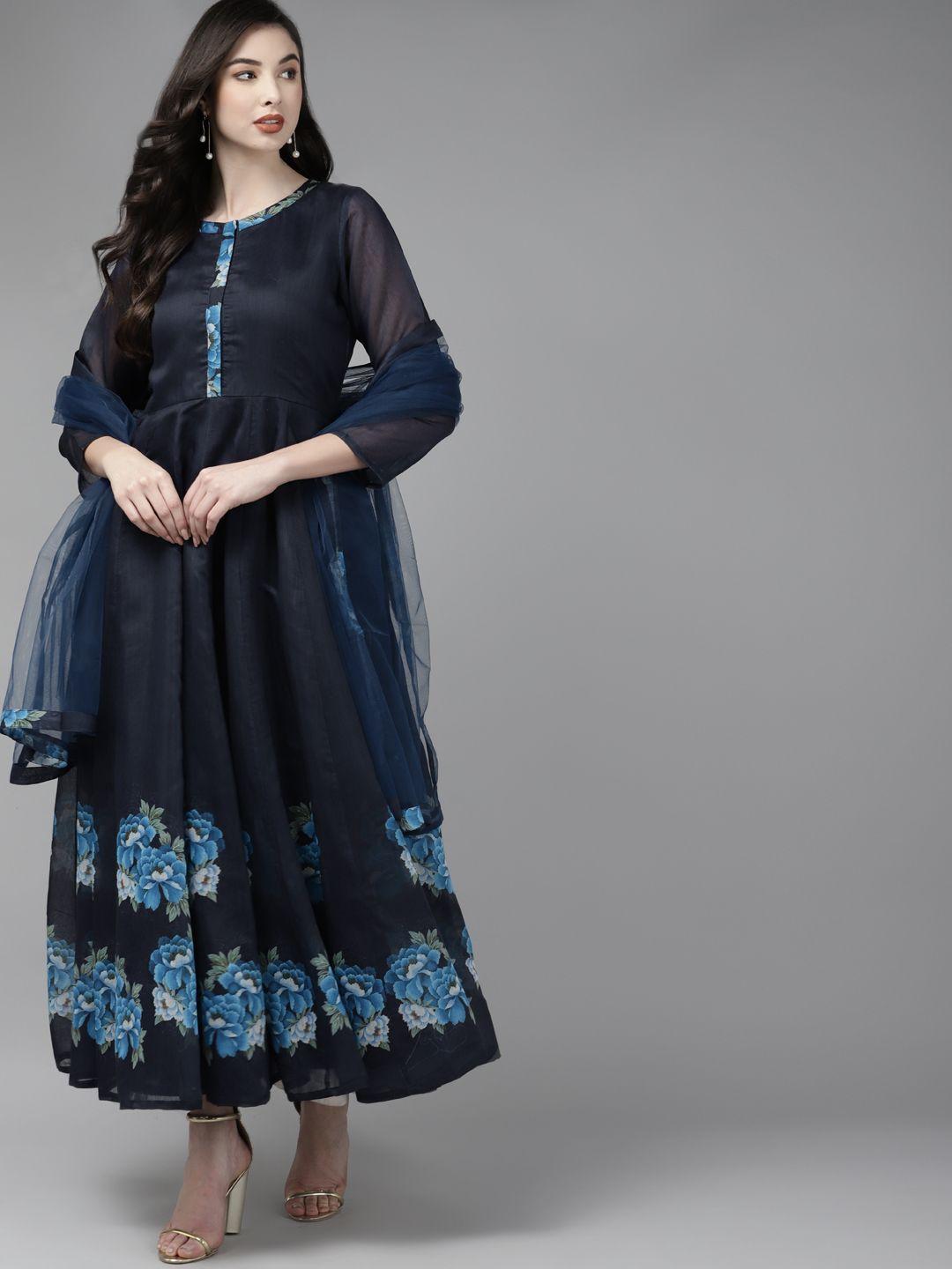 bhama couture women navy blue floral printed chanderi silk anarkali kurta with dupatta