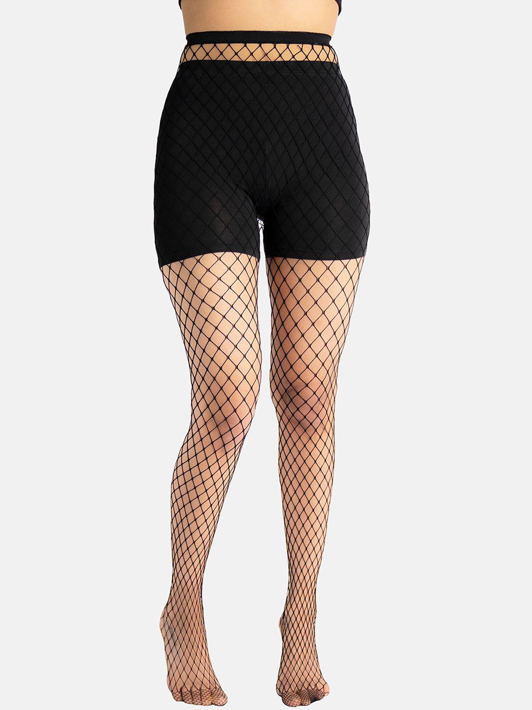 theater women black solid high-rise sheer fish net stocking