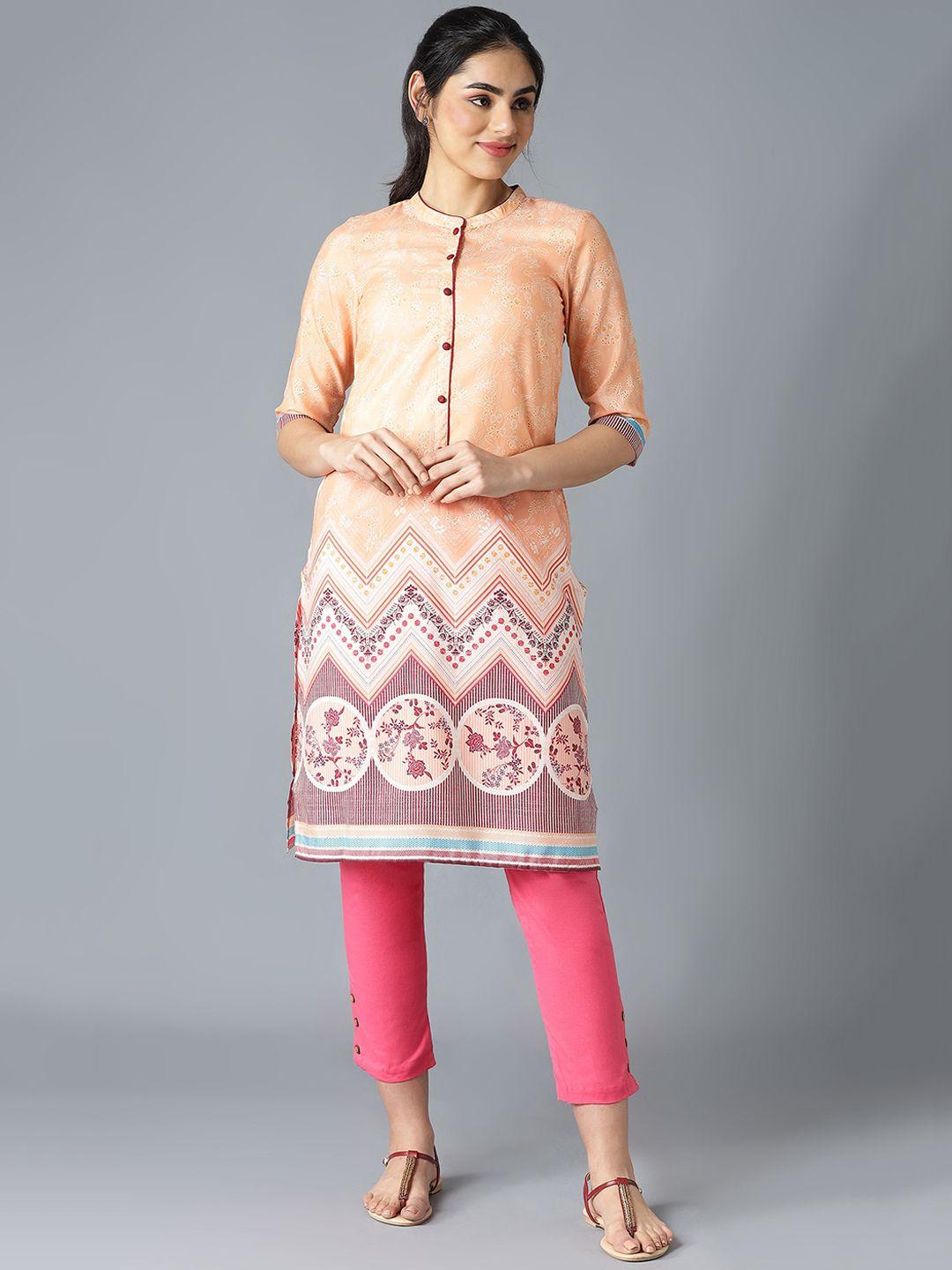 aurelia women peach-coloured floral kurta